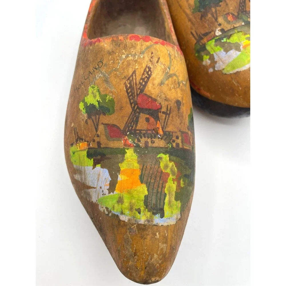 Vintage Dutch Wooden Clogs Hand Painted Windmills Amsterdam Holland
